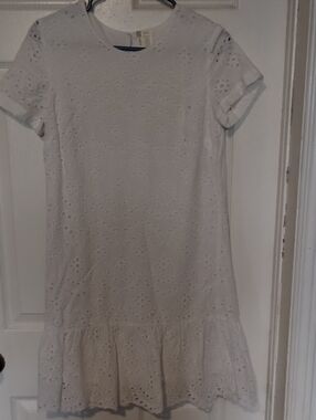 White Eyelet Short Sleeve Ruffle Mini Dress - Boho Chic Summer Sundress. Size S